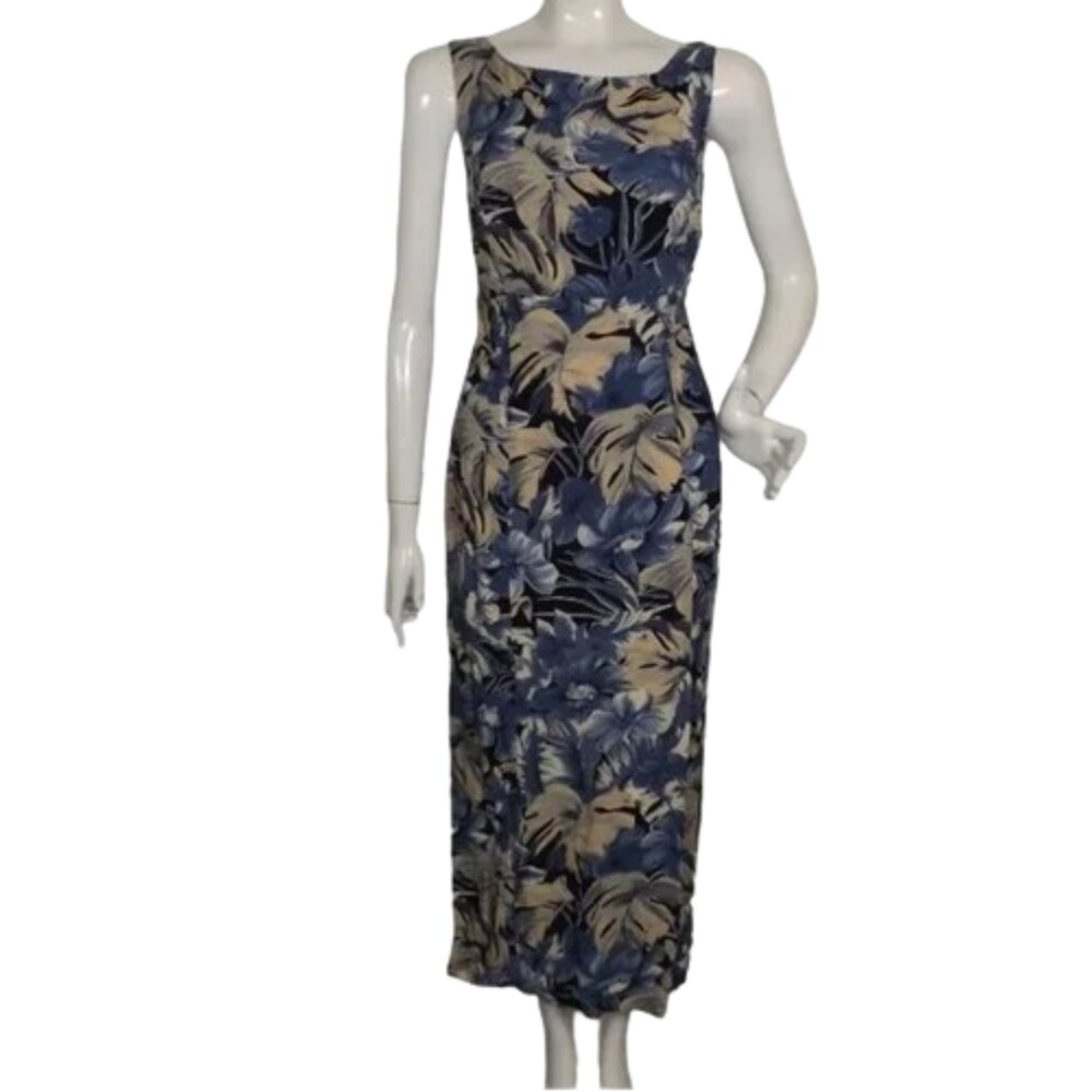 new ALYN PAIGE Dress, M/10, Blue, Leaf print, Tie-back, Midi/Maxi, Long Vent